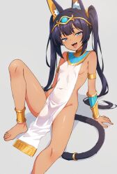 Rule 34 | 1girl, animal ear fluff, animal ears, anklet, arm support, black hair, blue eyes, blue eyeshadow, breasts, cat ears, cat tail, commentary, covered navel, dark-skinned female, dark skin, egyptian clothes, eyeshadow, foot out of frame, grey background, highres, jewelry, kamidan, knee up, long hair, looking at viewer, makeup, mesugaki, open mouth, original, pelvic curtain, reclining, sidelocks, simple background, sitting, small breasts, solo, tail, teeth, thighs, tongue, tongue out, twintails, upper teeth only, usekh collar, yellow bracelet