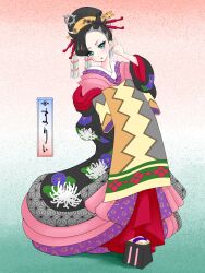 Rule 34 | 1girl, asymmetrical bangs, black hair, black kimono, blush, commentary request, creatures (company), game freak, green background, green eyes, hair ornament, hair stick, highres, japanese clothes, kimono, marnie (pokemon), medium hair, multicolored clothes, multicolored kimono, nero nerol i29, nihongami, nintendo, oiran, okobo, open mouth, platform clogs, pokemon, pokemon swsh, red background, sandals, solo, translation request, two-tone background