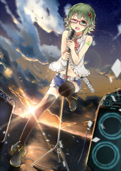 Rule 34 | 1girl, bespectacled, glasses, green eyes, green hair, gumi, looking at viewer, matching hair/eyes, microphone, microphone stand, music, open mouth, r star, short hair, shorts, singing, solo, thighhighs, vocaloid, wink