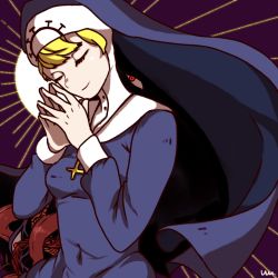 Rule 34 | 1girl, 2018, blonde hair, closed eyes, covered navel, cross, cross necklace, double (skullgirls), extra eyes, habit, jewelry, necklace, nun, own hands together, purple background, skullgirls, smile, solo, wu longcha