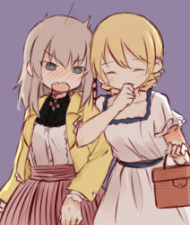 Rule 34 | 10s, 2girls, ^^^, angry, bag, blonde hair, blue background, blue eyes, blush, carrying, casual, closed mouth, darjeeling (girls und panzer), dress, embarrassed, fang, fud, full-face blush, girls und panzer, handbag, itsumi erika, jacket, laughing, long hair, long sleeves, looking at another, medium dress, medium skirt, multiple girls, open mouth, pink skirt, shirt, short hair, short sleeves, silver hair, simple background, skirt, smile, standing, striped clothes, striped skirt, v-shaped eyebrows, white dress, white shirt, yellow jacket, yuri