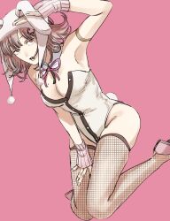 1girl animal_ears bare_shoulders breasts cleavage danganronpa_(series) danganronpa_2:_goodbye_despair detached_collar fake_animal_ears fishnet_thighhighs fishnets galaga highres krmtknkoo1582 large_breasts leotard looking_at_viewer medium_hair mole mole_on_breast nanami_chiaki open_mouth pink_eyes playboy_bunny rabbit_ears rabbit_tail ribbon salute simple_background solo tail thighhighs white_leotard