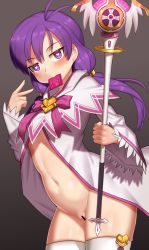 Rule 34 | 1girl, aisha landar, bad id, bad pixiv id, bar censor, blush, bottomless, censored, condom, condom in mouth, condom wrapper, elemental master (elsword), elsword, heart, heart-shaped pupils, holding, holding weapon, hood, hooded jacket, jacket, long hair, low twintails, mouth hold, navel, nt00, open mouth, pussy, simple background, solo, staff, standing, symbol-shaped pupils, thighs, twintails, weapon, wings