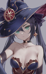Rule 34 | 1girl, absurdres, bare shoulders, black choker, black hair, breasts, chinese commentary, choker, collarbone, earrings, elbow gloves, genshin impact, gloves, gold trim, green eyes, grey background, hat, highres, jewelry, lin jingling, long hair, mona (genshin impact), parted lips, simple background, single earring, small breasts, solo, star (symbol), star earrings, twintails, upper body, witch hat