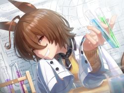 Rule 34 | 1girl, agnes tachyon (umamusume), ahoge, animal ears, between fingers, black neckwear, black shirt, brown hair, collared shirt, commentary request, grin, hair between eyes, half-closed eyes, hands up, holding, horse ears, lab coat, long sleeves, looking at viewer, monosenbei, open clothes, red eyes, shirt, sleeves past fingers, sleeves past wrists, smile, solo, sweater, umamusume, upper body, vial, yellow sweater