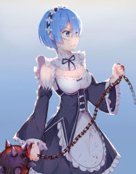 Rule 34 | 10s, 1girl, apron, ball and chain (weapon), black dress, blood, blood on clothes, blood on face, blood on hands, blood splatter, blue background, blue eyes, blue hair, blunt bangs, bow, breasts, chain, cleavage cutout, clothing cutout, copybird, cowboy shot, cuts, detached sleeves, dress, eyes visible through hair, frilled dress, frills, frown, gradient background, hair ornament, hair over one eye, hairband, highres, holding, holding weapon, injury, long sleeves, looking away, mace, maid, maid headdress, matching hair/eyes, re:zero kara hajimeru isekai seikatsu, rem (re:zero), scar, short hair, sleeveless, sleeveless dress, solo, spiked ball and chain, spikes, underbust, waist apron, weapon, x hair ornament