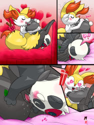 Rule 34 | 1boy, 1girl, 69, animal ears, anus, arms up, bed, bed sheet, between legs, blush, bow, braixen, clitoris, closed eyes, comic, creatures (company), cunnilingus, emphasis lines, erection, fellatio, fox ears, fox tail, from side, full body, fullfolka, furry, game freak, gen 6 pokemon, heart, hetero, highres, licking, motion lines, multiple views, nintendo, on bed, open mouth, oral, pancham, penis, pokemon, pokemon (anime), pokemon (creature), pokemon xy, pokemon xy (anime), pussy, pussy juice, red-framed eyewear, red bow, saliva, sitting, smile, spread legs, stick, sunglasses, tail, testicles, tongue, tongue out, uncensored, upside-down, watermark