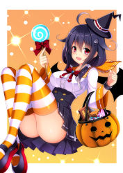 Rule 34 | 10s, 1girl, ahoge, ass, bag, basket, black hair, breasts, candy, food, hair ornament, halloween, halloween costume, hat, highres, jack-o&#039;-lantern, kantai collection, kouzuki tsubasa (musou kaidou), lollipop, long hair, open mouth, pink eyes, pumpkin, purple hair, red eyes, shoes, skirt, smile, solo, striped clothes, striped thighhighs, taigei (kancolle), thighhighs, witch hat