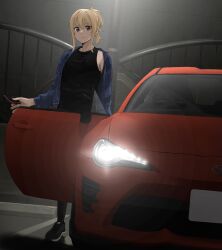 Rule 34 | 1girl, absurdres, black footwear, black pants, black shirt, blonde hair, blue jacket, car, cellphone, commentary, commentary request, highres, holding, holding phone, jacket, looking at viewer, love live!, love live! nijigasaki high school idol club, medium hair, miyashita ai, motor vehicle, night, open clothes, open jacket, orange eyes, outdoors, pants, phone, ponytail, s sho mkrn, shirt, shoes, sidelocks, sleeveless, sleeveless shirt, smartphone, solo, standing, toyota, toyota 86