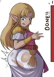 Rule 34 | 1girl, ^^^, absurdres, ass, ass expansion, ass focus, blonde hair, blue eyes, cowboy shot, dress, female focus, from behind, highres, huge ass, long hair, nintendo, pointy ears, princess zelda, short sleeves, sidelocks, simple background, solo, standing, the legend of zelda, the legend of zelda: a link to the past, torn clothes, torn dress, triforce, triforce earrings, trolltoll, v, white background, white dress, wide hips