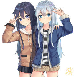 Rule 34 | 2girls, akatsuki (kancolle), alternate costume, arm up, black skirt, blue eyes, blue jacket, blush, brown jacket, brown skirt, closed mouth, collarbone, commentary request, cowboy shot, drawstring, fingernails, hair between eyes, hibiki (kancolle), hood, hood down, hooded jacket, jacket, kantai collection, leaning to the side, long hair, long sleeves, miko fly, miniskirt, multiple girls, open clothes, open jacket, parted lips, pleated skirt, purple eyes, purple hair, shirt, signature, silver hair, simple background, skirt, sleeves past wrists, smile, striped clothes, striped shirt, v, very long hair, white background