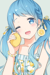 Rule 34 | 10s, 1girl, ;d, alternate costume, alternate hairstyle, arm at side, bare shoulders, bead bracelet, beads, blue eyes, blue hair, blush, bow, bracelet, braid, buttons, collarbone, dress, earrings, eyebrows, food, food-themed earrings, food print, fruit, fruit print, hair bow, hair ribbon, highres, holding, holding food, holding fruit, jewelry, kantai collection, lemon, long hair, looking at viewer, matching hair/eyes, nail polish, nanairo fuuka, one eye closed, open mouth, ribbon, samidare (kancolle), simple background, sleeveless, sleeveless dress, smile, solo, sundress, swept bangs, twin braids, twintails, upper body, yellow nails