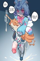 Rule 34 | 1futa, animal ears, apron, blue bow, blue dress, blue hair, boots, bow, bowtie, cum, cum string, dress, english text, full body, futanari, genshin impact, gloves, hat, highres, holding, holding syringe, huge penis, long hair, looking at viewer, nurse cap, open mouth, pantyhose, penis, pink bow, pink bowtie, red eyes, sigewinne (genshin impact), sirachi, sleeves past wrists, smile, solo, speech bubble, standing, syringe, uncensored, veins, veiny penis, white apron, white gloves, white pantyhose