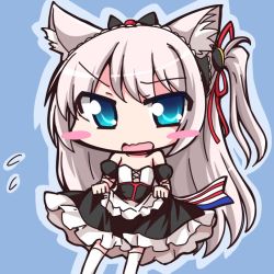 Rule 34 | 1girl, animal ears, azur lane, bare shoulders, black dress, blue background, blue eyes, blush, cat ears, cat girl, chibi, choker, commentary request, detached sleeves, dress, frilled dress, frills, geo (yukishitadou), hammann (azur lane), headdress, holding, holding clothes, holding dress, long hair, looking at viewer, one side up, red choker, silver hair, solo, strapless, strapless dress, swept bangs, teardrop, thighhighs