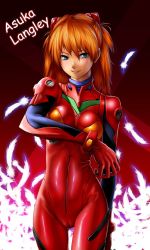 Rule 34 | 1girl, bad id, bad pixiv id, black background, blue eyes, breasts, breasts apart, cameltoe, character name, cowboy shot, feathers, glowing, gradient background, hair between eyes, highres, kats, lips, long hair, neon genesis evangelion, orange hair, plugsuit, red background, skin tight, solo, souryuu asuka langley, standing, two side up
