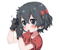 Rule 34 | 1girl, adjusting hair ornament, alternate hair ornament, black gloves, black hair, blue eyes, blush, bow, commentary request, gloves, hair bow, hair tie in mouth, hands in hair, kaban (kemono friends), kemono friends, mouth hold, no headwear, no headwear, ransusan, red bow, red shirt, shirt, short hair, short sleeves, solo, sweatdrop, t-shirt, upper body