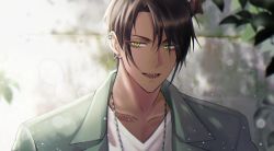 Rule 34 | 1boy, :d, aragami oga, black hair, blurry, blurry background, brick wall, dark-skinned male, dark skin, ear piercing, earrings, eyes visible through hair, green eyes, green jacket, highres, holostars, horns, jacket, jewelry, leaf, light particles, looking at viewer, male focus, moss, multiple earrings, necklace, official alternate costume, open mouth, piercing, portrait, sharp teeth, shirt, short hair, sinap (12000klb), single horn, smile, solo, teeth, v-neck, virtual youtuber, white shirt