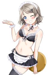 Rule 34 | 10s, 1girl, bikini, black bikini, black bra, blue eyes, blush, bra, breasts, cleavage, detached collar, female focus, hair ornament, hairclip, hand up, highres, holding, lace, lace-trimmed legwear, lace trim, looking at viewer, love live!, love live! sunshine!!, maid, maid bikini, maid headdress, medium breasts, miniskirt, navel, one eye closed, panties, sankuro (agoitei), scrunchie, short hair, side-tie panties, simple background, skirt, solo, standing, string panties, swimsuit, teeth, thighhighs, thighs, tray, unconventional maid, underwear, watanabe you, white background, wrist scrunchie