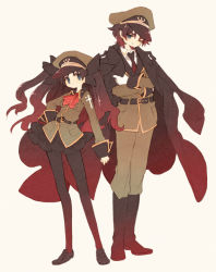 Rule 34 | 1boy, 1girl, black pantyhose, blue eyes, brown hair, facial hair, fate/stay night, fate/zero, fate (series), father and daughter, gloves, goatee, guilty, hair ribbon, hat, jacket, jacket on shoulders, long hair, long legs, military, military hat, military uniform, pantyhose, peaked cap, ribbon, tohsaka rin, tohsaka tokiomi, tsumi guilty, two side up, uniform