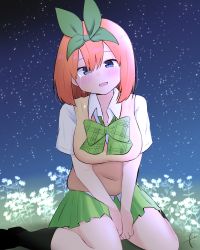 Rule 34 | 1girl, :d, between legs, black footwear, black socks, blue eyes, blush, bow, breasts, collared shirt, crying, crying with eyes open, eyebrows hidden by hair, field, flower, flower field, go-toubun no hanayome, green bow, green ribbon, green skirt, hair between eyes, hair ribbon, hand between legs, happy tears, head tilt, highres, kujou karasuma, loafers, looking at viewer, medium breasts, nakano yotsuba, night, night sky, on grass, open mouth, orange hair, outdoors, pleated skirt, ribbon, shirt, shoes, short sleeves, signature, sitting, skirt, sky, smile, socks, solo, star (sky), starry sky, sweater vest, tears, wariza, white flower, white shirt