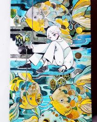 Rule 34 | abstract background, androgynous, black footwear, blue eyes, fish, gender request, hexagon, highres, in mouth, knees up, long sleeves, looking at viewer, maruti bitamin, one eye closed, original, painting (medium), pants, shirt, shoes, short hair, solo, traditional media, watercolor (medium), white hair, white pants, white shirt