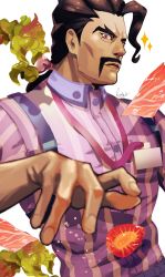 Rule 34 | 1boy, closed mouth, collared shirt, commentary request, creatures (company), facial hair, food, fruit, game freak, highres, lanyard, lettuce, long hair, male focus, mustache, nintendo, pink eyes, pokemon, pokemon sv, purple shirt, romio (romi0 0), saguaro (pokemon), shirt, signature, solo, sparkle, strap, strawberry, strawberry slice, striped clothes, striped shirt, upper body, vertical-striped clothes, vertical-striped shirt