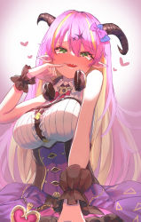 Rule 34 | 1girl, absurdres, asymmetrical horns, bare shoulders, blonde hair, blush, bow, breasts, chest harness, cowgirl position, demon girl, demon horns, fangs, girl on top, green eyes, hair between eyes, hair bow, hair ornament, harness, headphones, headphones around neck, heart, heart-shaped pupils, highres, hololive, horns, licking, licking lips, long hair, looking at viewer, mano aloe, multicolored hair, open mouth, pink hair, pinky out, pointy ears, pov, roco (rocoroco1115), skull, sleeveless, smile, solo, straddling, symbol-shaped pupils, tongue, tongue out, two-tone hair, uneven horns, virtual youtuber