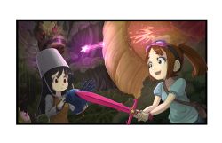 Rule 34 | 2girls, bee, black hair, border, breasts, brown hair, brown vest, bucket, bucket on head, bug, commentary, english commentary, gameplay mechanics, goggles, goggles on head, green eyes, helmet, highres, holding, holding helmet, holding sword, holding weapon, insect, jungle, long sleeves, multiple girls, nature, nervous sweating, object on head, original, ponytail, red eyes, short sleeves, slime (creature), small breasts, suweeka, sweat, sword, terraria, transparent border, underground, upper body, vest, weapon