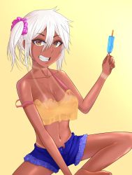 Rule 34 | 1girl, bare shoulders, breasts, brown eyes, dark-skinned female, dark skin, food, gyaru, highres, navel, original, popsicle, resolution mismatch, scrunchie, see-through, short hair, shorts, smile, solo, source larger, sweat, tan, tanline, teeth, the only shoe, water, wet, wet clothes, white hair