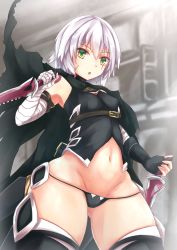 Rule 34 | 1girl, bandaged arm, bandages, bare shoulders, black panties, black thighhighs, breasts, fate/apocrypha, fate/grand order, fate (series), gloves, green eyes, groin, highres, jack the ripper (fate/apocrypha), kashiwagi yamine, knife, looking at viewer, navel, panties, scar, short hair, silver hair, small breasts, solo, thighhighs, underwear, weapon