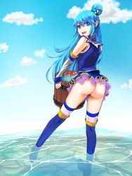 1girl aqua_(konosuba) ass bare_shoulders blue_eyes blue_footwear blue_hair blue_sky boots cloud commentary_request day detached_sleeves hair_between_eyes hair_ornament hair_rings highres holding in_water kono_subarashii_sekai_ni_shukufuku_wo! long_hair looking_at_viewer no_panties outdoors oyakata sky solo thighhighs wading water white_thighhighs