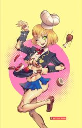Rule 34 | 1girl, black jacket, blazer, blonde hair, blood, blood on clothes, blood on face, blood on hands, blood on leg, blue skirt, bow, bowtie, breasts, brown footwear, cafe no zombi-ko, cafe no zombi-ko (1st costume), chef hat, chicken leg, collared shirt, commentary request, food, foot out of frame, frying pan, green eyes, hat, holding, holding frying pan, indie virtual youtuber, jacket, large breasts, loafers, looking at viewer, midriff, miniskirt, one eye closed, open clothes, open jacket, open mouth, red bow, red bowtie, sausage, shirt, shoes, short hair, skirt, smile, solo, steak, supersatanson, tomato, torn clothes, torn jacket, torn shirt, torn skirt, underboob, virtual youtuber, white shirt, zombie