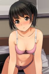 Rule 34 | 1girl, absurdres, bare arms, bare shoulders, bed, black hair, blush, bow, bow bra, bow panties, bra, breasts, brown eyes, cleavage, collarbone, head tilt, highres, looking at viewer, matsunaga kouyou, medium breasts, navel, nose blush, on bed, original, panties, parted lips, pillow, pink bra, pink panties, polka dot, polka dot bra, polka dot panties, short hair, short twintails, solo, twintails, underwear, underwear only
