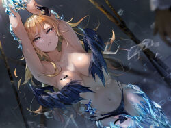 Rule 34 | 1girl, armpits, blonde hair, blue eyes, blush, breast tattoo, breasts, breasts apart, commentary request, covering privates, covering breasts, demon girl, demon horns, demon tail, demon wings, funi mu9, green eyes, highres, hololive, horns, ice, large breasts, long hair, looking at viewer, navel, panties, parted lips, pointy ears, restrained, solo, tail, tattoo, thigh gap, underwear, virtual youtuber, wings, yuzuki choco