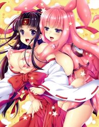 Rule 34 | + +, 2girls, animal ears, artist request, black eyes, black hair, blush, blush stickers, breasts, breasts out, covering breasts, covering privates, hair ribbon, hakama, hakama skirt, headband, japanese clothes, large breasts, long hair, long sleeves, looking back, low-tied long hair, melona (queen&#039;s blade), melona (queen&#039;s blade unlimited), miko, monster girl, multiple girls, no bra, official art, open clothes, panties, parted bangs, pink hair, ponytail, prehensile hair, purple eyes, purple panties, queen&#039;s blade, queen&#039;s blade unlimited, queen&#039;s blade white triangle, rabbit ears, red hakama, revealing clothes, ribbon, ribbon-trimmed sleeves, ribbon trim, shiny skin, sideboob, sidelocks, simple background, skirt, slime girl, symbol-shaped pupils, thighs, tomoe (queen&#039;s blade), tomoe (queen&#039;s blade unlimited), tongue, tongue out, underwear, wide sleeves, yuri