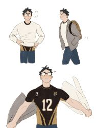 Rule 34 | ..., 1boy, akaashi keiji, backpack, bag, black hair, black shirt, blue pants, brown bag, chengongzi123, closed mouth, collared jacket, commentary, cropped legs, facing viewer, glasses, grey jacket, haikyuu!!, hands in pockets, hands up, highres, holding, holding clothes, jacket, long sleeves, male focus, multiple views, pants, shirt, short hair, short sleeves, simple background, sparkle, spoken ellipsis, sportswear, standing, symbol-only commentary, t-shirt, upper body, very short hair, volleyball uniform, walking, white background, white shirt