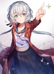 Rule 34 | 1girl, artist name, coat, collarbone, costume, grey eyes, hair ribbon, konno junko, long hair, looking at viewer, midriff, pleated skirt, posom, ribbon, school uniform, simple background, skirt, smile, solo, sparkle, twintails, white hair, zombie land saga