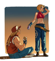 Rule 34 | 1boy, 1girl, baseball cap, blonde hair, blue mary, blush, bob cut, breasts, can, crop top, denim, drink, drink can, eating, fatal fury, food, food on face, hat, jeans, midriff, muscular, pants, sandwich, sitting, sleeveless, soda can, terry bogard, the king of fighters, tim yan, tsundere