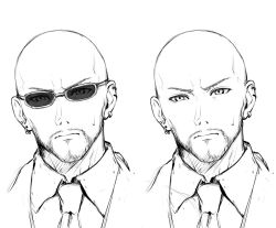 Rule 34 | 1boy, bad id, bad pixiv id, bald, beard, closed mouth, collared shirt, commentary request, earrings, facial hair, final fantasy, final fantasy vii, final fantasy vii remake, formal, greyscale, jacket, jewelry, looking at viewer, male focus, mondi hl, monochrome, multiple views, necktie, portrait, rude (ff7), shirt, suit, sunglasses, sweatdrop