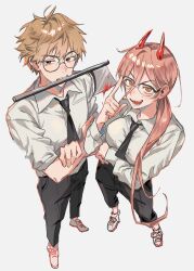 Rule 34 | 1boy, 1girl, adjusting eyewear, axe, black necktie, black pants, blonde hair, blood, bloody weapon, brown eyes, chainsaw man, collared shirt, cross-shaped pupils, crossed arms, denji (chainsaw man), foreshortening, from above, hair between eyes, highres, horns, long hair, looking at viewer, necktie, open mouth, pants, pink hair, ponytail, power (chainsaw man), red eyes, red horns, round eyewear, sharp teeth, shirt, shirt tucked in, short hair, simple background, sleeves rolled up, smile, symbol-shaped pupils, teeth, weapon, weapon in mouth, white background, white shirt, yamu (ym3443), yellow eyes