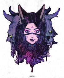 Rule 34 | 1girl, animal ears, animal skull, artist name, bandaid, bandaid on face, bifurcation, black hair, black lips, blood, blood drip, cable, cat ears, cropped head, eyelashes, eyeshadow, forehead tattoo, glowing, glowing eyes, goat horns, highres, horns, ibrahem swaid, licking lips, lips, looking at viewer, makeup, mechanical arms, merchandise available, nose, original, parted hair, purple eyes, purple outline, science fiction, solo, straight-on, tongue, tongue out, watermark, web address, white background, wolf head