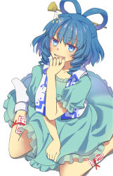 Rule 34 | 1girl, blue dress, blue eyes, blue hair, bobby socks, breasts, dress, drill hair, drill sidelocks, from above, hair ornament, hair rings, hair stick, hand on own chin, highres, kaku seiga, leg ribbon, light blush, looking at viewer, medium breasts, medium hair, nayozane (worker7), ofuda, open clothes, open mouth, open vest, puffy short sleeves, puffy sleeves, red ribbon, ribbon, short sleeves, sidelocks, simple background, sitting, smile, socks, solo, touhou, vest, wariza, white background, white socks, white vest