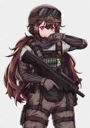 Rule 34 | 1girl, brown hair, bullpup, commentary, cowboy shot, girls&#039; frontline, gloves, goggles, gun, helmet, holster, js 9 (girls&#039; frontline), js 9 mm, long hair, looking at viewer, military, military uniform, needle, persocon93, rainbow six siege, red eyes, rifle, simple background, solo, submachine gun, thigh holster, trigger discipline, uniform, very long hair, weapon