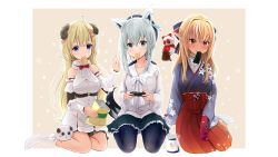 Rule 34 | 3girls, absurdres, alternate costume, animal ears, blonde hair, blue eyes, blush, chips (food), commentary request, dark-skinned female, dark skin, detached sleeves, eating, food, food in mouth, fox ears, hair ornament, hairclip, hat, highres, hololive, horns, multiple girls, pointy ears, purple eyes, red eyes, seiza, sheep horns, shirakami fubuki, shirakami fubuki (street), shiranui flare, shiranui flare (new year), silver hair, simple background, sitting, tsunomaki watame, tsunomaki watame (1st costume), virtual youtuber, white background