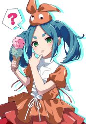 Rule 34 | 1girl, ?, absurdres, aqua hair, breasts, commentary, cowboy shot, double scoop, dress, drop shadow, food, food on face, frilled dress, frills, googly eyes, green eyes, hands up, hat, highres, hikimayu, holding, holding food, holding ice cream, holding ice cream cone, ice cream, ice cream cone, long hair, looking at viewer, monogatari (series), niikura hisui, ononoki yotsugi, orange dress, orange hat, parted bangs, short eyebrows, sidelocks, simple background, small breasts, solo, spoken question mark, star (symbol), thick eyebrows, twintails, two-tone dress, white background, white dress
