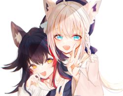 Rule 34 | 2girls, animal ear fluff, animal ears, beret, black bow, black hair, black headwear, black shirt, blush, bow, braid, commentary request, fang, fox ears, fox girl, green eyes, hair between eyes, hair bow, hat, highres, hololive, koumimi, leaning on person, long hair, looking at viewer, multicolored hair, multiple girls, ookami mio, ookami mio (casual), open mouth, red hair, shirakami fubuki, shirt, sidelocks, simple background, single braid, streaked hair, v, virtual youtuber, white background, white hair, white shirt, wolf ears, wolf girl, yellow eyes
