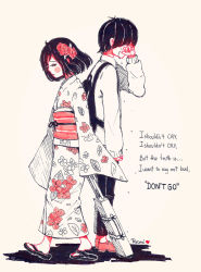 Rule 34 | 1boy, 1girl, backpack, bag, black hair, briefcase, closed eyes, crying, english text, floral print, flower, hair flower, hair ornament, hand on own face, heart, highres, ikanaide (vocaloid), japanese clothes, kimono, long sleeves, obi, pants, pink sash, ryomidh, sad, sandals, sash, shadow, short hair, streaming tears, sweater, tears, vocaloid, white background, white kimono, white sweater, wiping tears