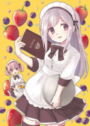 Rule 34 | 2girls, :d, anyaaki, apron, blueberry, bow, bowtie, breasts, cowboy shot, food, fruit, highres, long sleeves, looking at viewer, maid, maid headdress, medium breasts, menu, multiple girls, omelet, omurice, open mouth, original, pink hair, purple eyes, purple hair, short twintails, silver hair, simple background, skirt, smile, strawberry, thighhighs, tray, twintails, waitress, yellow background