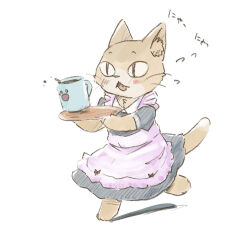 Rule 34 | 1girl, animal, animal ears, apron, cat, cat ears, cat girl, cat tail, coffee cup, cup, disposable cup, dress, frilled apron, frills, full body, grey dress, holding, holding tray, kotobuki keisuke, open mouth, original, paw print, pink apron, running, simple background, spill, tail, tray, white background