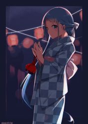 Rule 34 | 1girl, absurdres, alternate costume, bag, blue eyes, blue hair, checkered clothes, checkered kimono, commentary request, cowboy shot, gradient hair, highres, japanese clothes, kantai collection, kimono, lantern, long hair, looking at viewer, multicolored hair, night, samidare (kancolle), satchel, solo, swept bangs, uut, very long hair, yukata